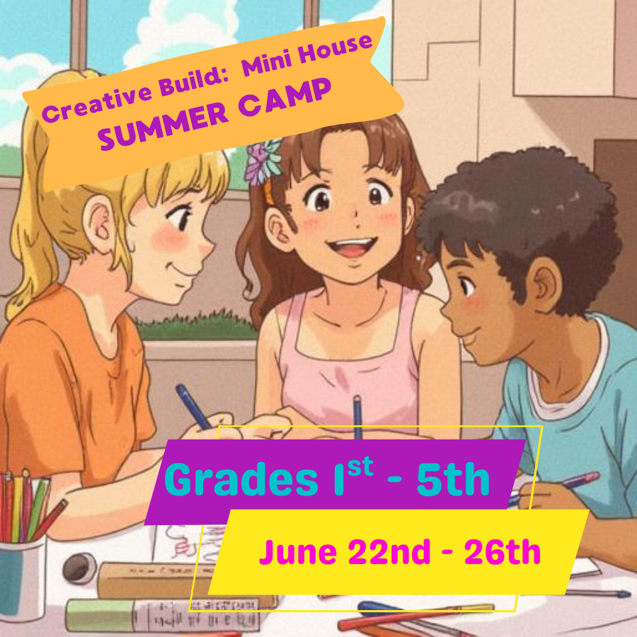 ArtsyFartzy Club Creative Build Mini House Summer Camp for Grades 1st–5th, June 22nd–26th, featuring kids designing and crafting miniature houses together at an art camp.