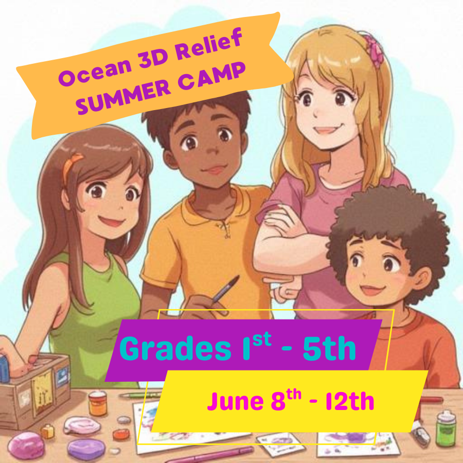 ArtsyFartzy Club Ocean 3D Relief Summer Camp for Grades 1st–5th, June 8th–12th, featuring kids creating ocean-themed 3D artwork together at art camp.