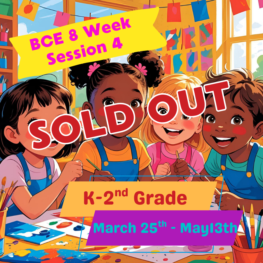 Illustrated promotional image for ArtsyFartzy Club Session 4 featuring smiling K–2nd grade students creating art in a colorful classroom, labeled “March 25th – May 13th.”